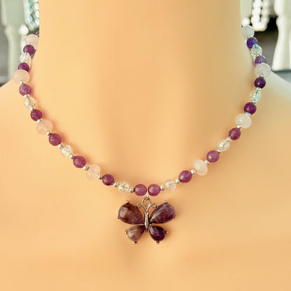 Amethyst Butterfly Pendant Necklace – Quartz and Rose Quartz Beads, Handmade