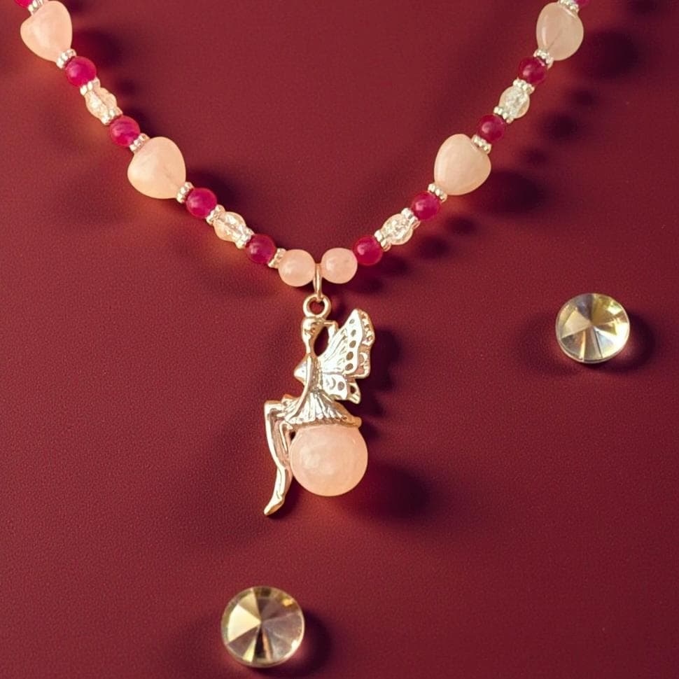 Rose Quartz Pixie Pendant – Carnelian and Crackle Quartz Beads - Fairy Jewelry - Handmade Beaded Necklace Gift