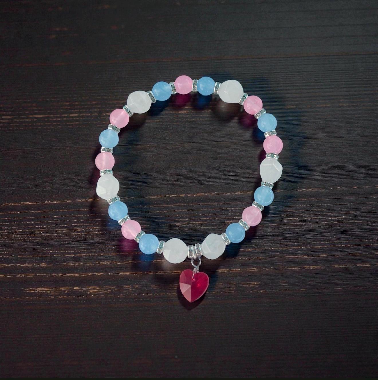 Ageplay Pride Piece - Jade Beaded Stretch Bracelet with Glass Heart Charm - LGBTQIA+