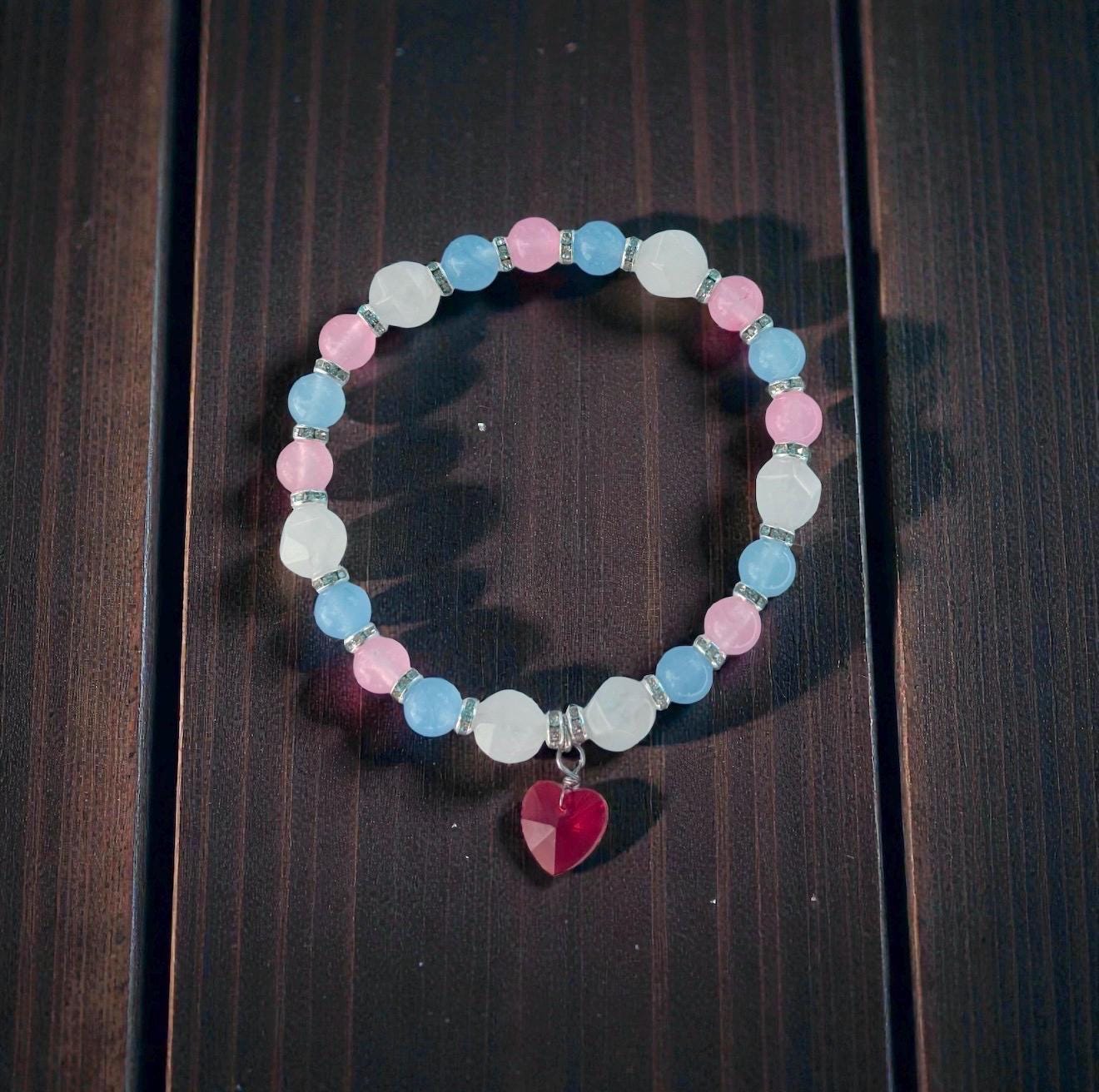 Ageplay Pride Piece - Jade Beaded Stretch Bracelet with Glass Heart Charm - LGBTQIA+