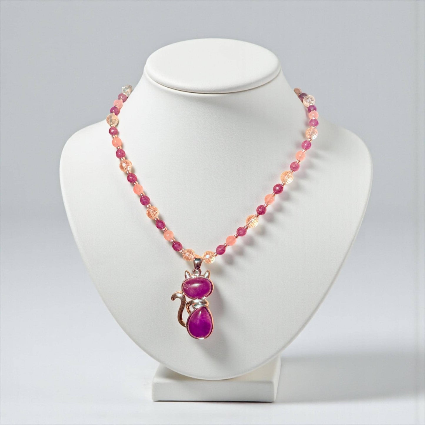 Amethyst Cat Pendant Necklace, Rose Quartz Beaded, Handmade