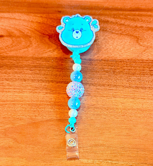 Blue Cute Bear Badge Reel, Interchangeable Beaded Badge Reel, Emotional Support Bear ID Holder, Rhinestone Acrylic Badge Clip, Nurse Teacher Gift