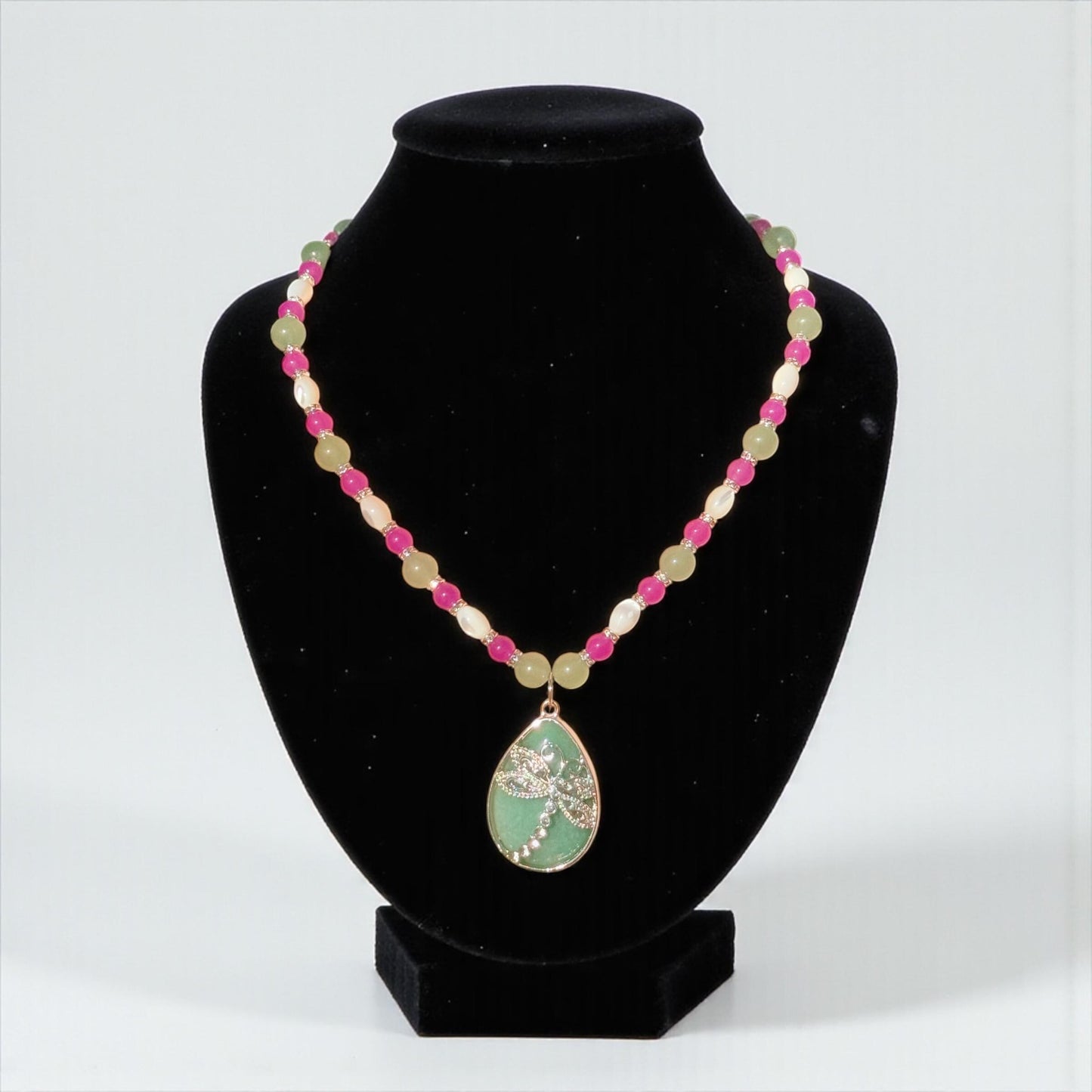 Aventurine Stone Teardrop Dragonfly Pendant Beaded Gemstone Necklace