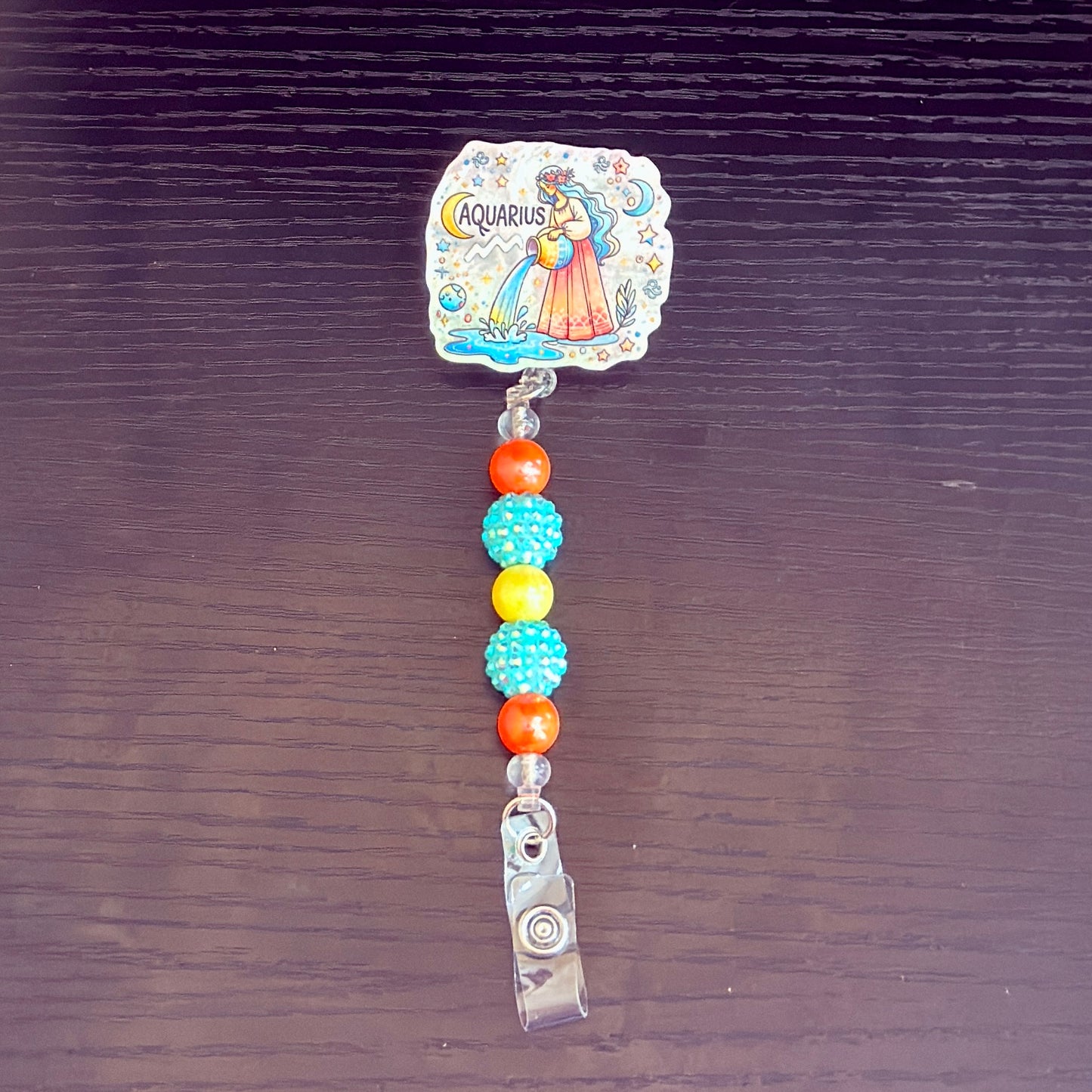 Aquarius Zodiac Rhinestone Badge Reel – Acrylic Beaded ID Holder | Swivel Alligator Clip | Retractable Nurse, Teacher & Office Badge Reel