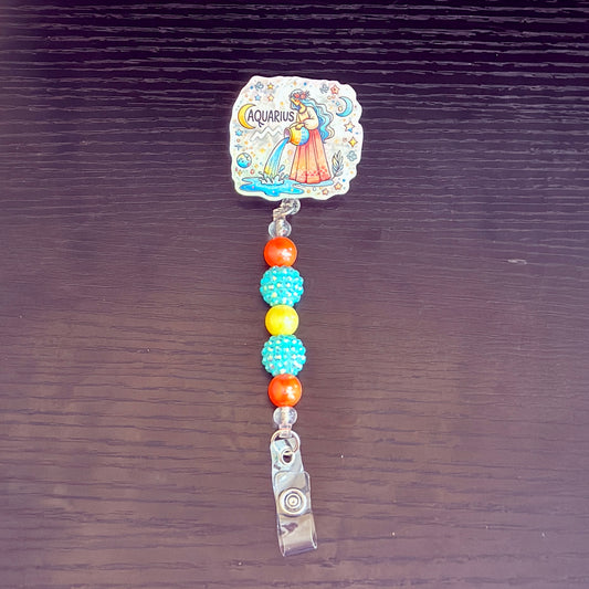 Aquarius Zodiac Rhinestone Badge Reel – Acrylic Beaded ID Holder | Swivel Alligator Clip | Retractable Nurse, Teacher & Office Badge Reel