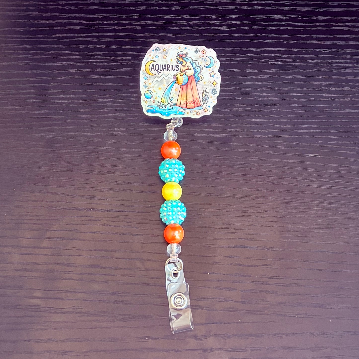 Aquarius Zodiac Rhinestone Badge Reel – Acrylic Beaded ID Holder | Swivel Alligator Clip | Retractable Nurse, Teacher & Office Badge Reel