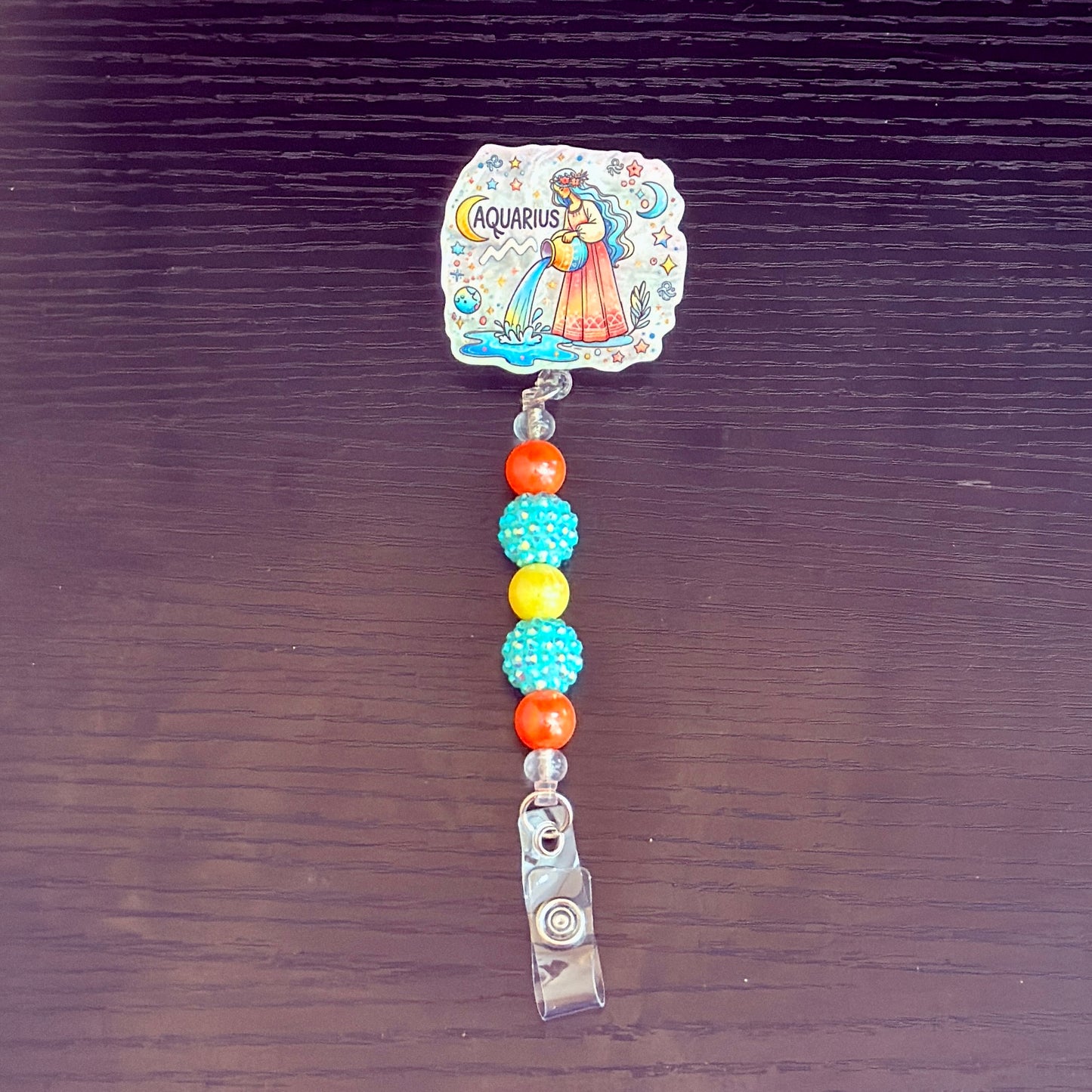 Aquarius Zodiac Rhinestone Badge Reel – Acrylic Beaded ID Holder | Swivel Alligator Clip | Retractable Nurse, Teacher & Office Badge Reel