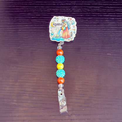 Aquarius Zodiac Rhinestone Badge Reel – Acrylic Beaded ID Holder | Swivel Alligator Clip | Retractable Nurse, Teacher & Office Badge Reel