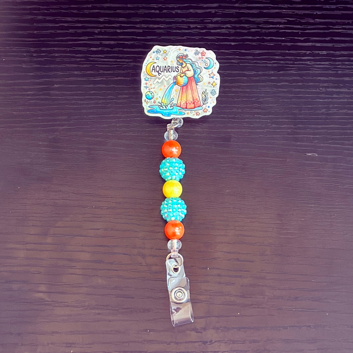 Aquarius Zodiac Rhinestone Badge Reel – Acrylic Beaded ID Holder | Swivel Alligator Clip | Retractable Nurse, Teacher & Office Badge Reel
