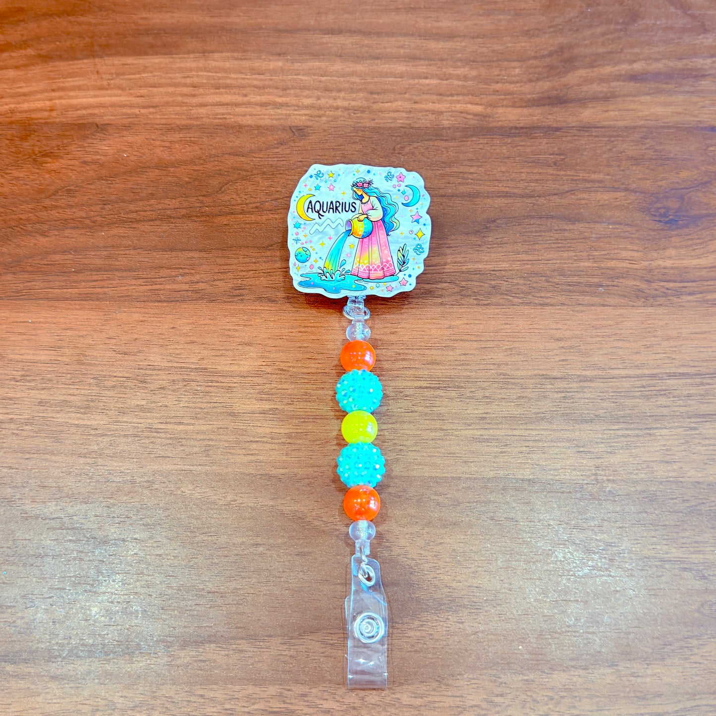 Aquarius Zodiac Rhinestone Badge Reel – Acrylic Beaded ID Holder | Swivel Alligator Clip | Retractable Nurse, Teacher & Office Badge Reel