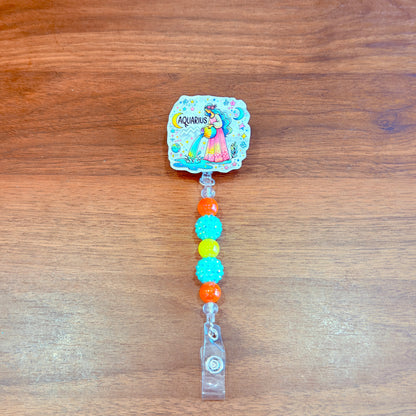 Aquarius Zodiac Rhinestone Badge Reel – Acrylic Beaded ID Holder | Swivel Alligator Clip | Retractable Nurse, Teacher & Office Badge Reel