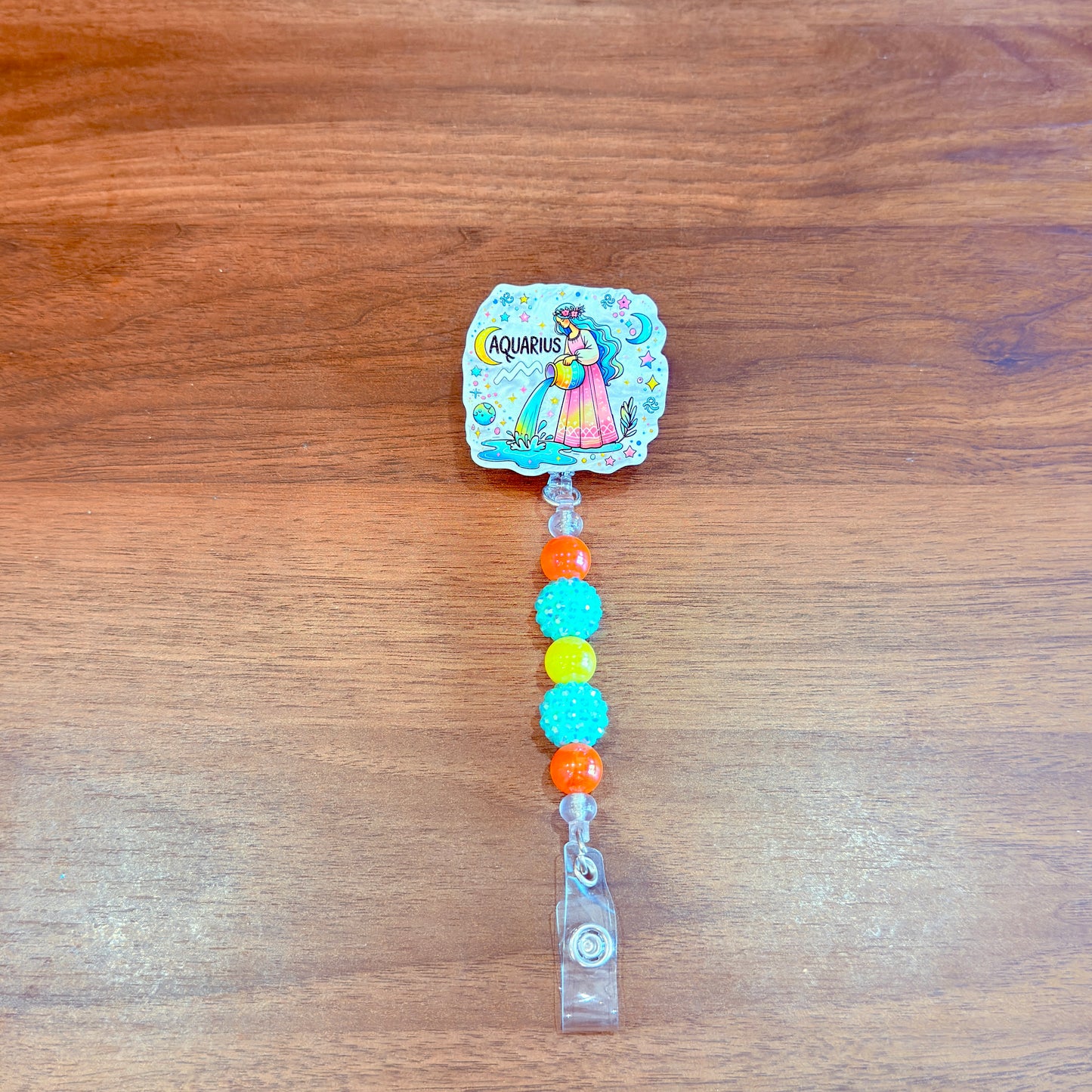 Aquarius Zodiac Rhinestone Badge Reel – Acrylic Beaded ID Holder | Swivel Alligator Clip | Retractable Nurse, Teacher & Office Badge Reel