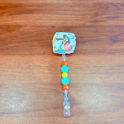 Aquarius Zodiac Rhinestone Badge Reel – Acrylic Beaded ID Holder | Swivel Alligator Clip | Retractable Nurse, Teacher & Office Badge Reel