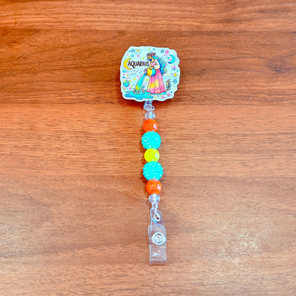 Aquarius Zodiac Rhinestone Badge Reel – Acrylic Beaded ID Holder | Swivel Alligator Clip | Retractable Nurse, Teacher & Office Badge Reel