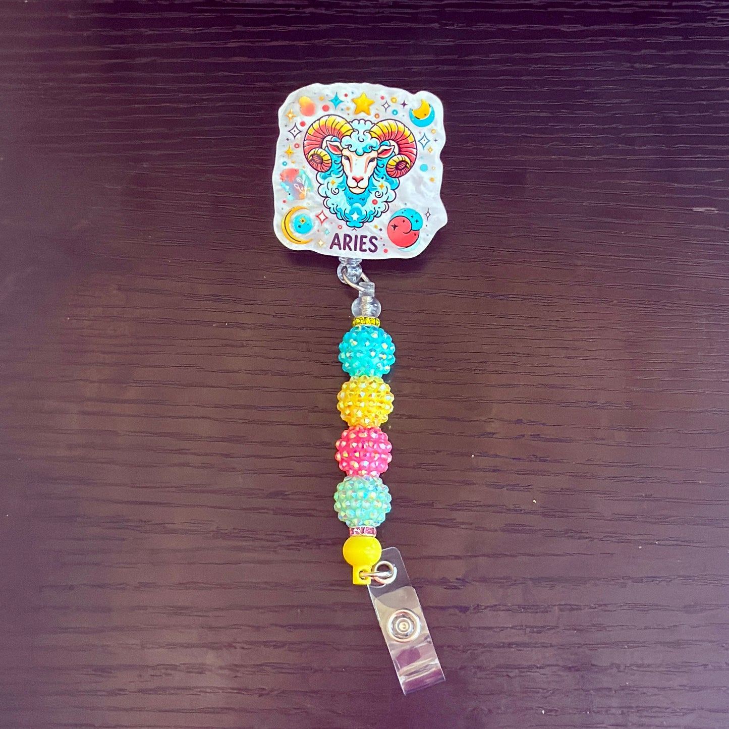 Aries Zodiac Rhinestone Badge Reel – Acrylic Beaded ID Holder | Swivel Alligator Clip | Retractable Nurse, Teacher & Office Badge Reel