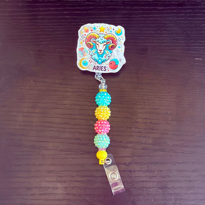 Aries Zodiac Rhinestone Badge Reel – Acrylic Beaded ID Holder | Swivel Alligator Clip | Retractable Nurse, Teacher & Office Badge Reel