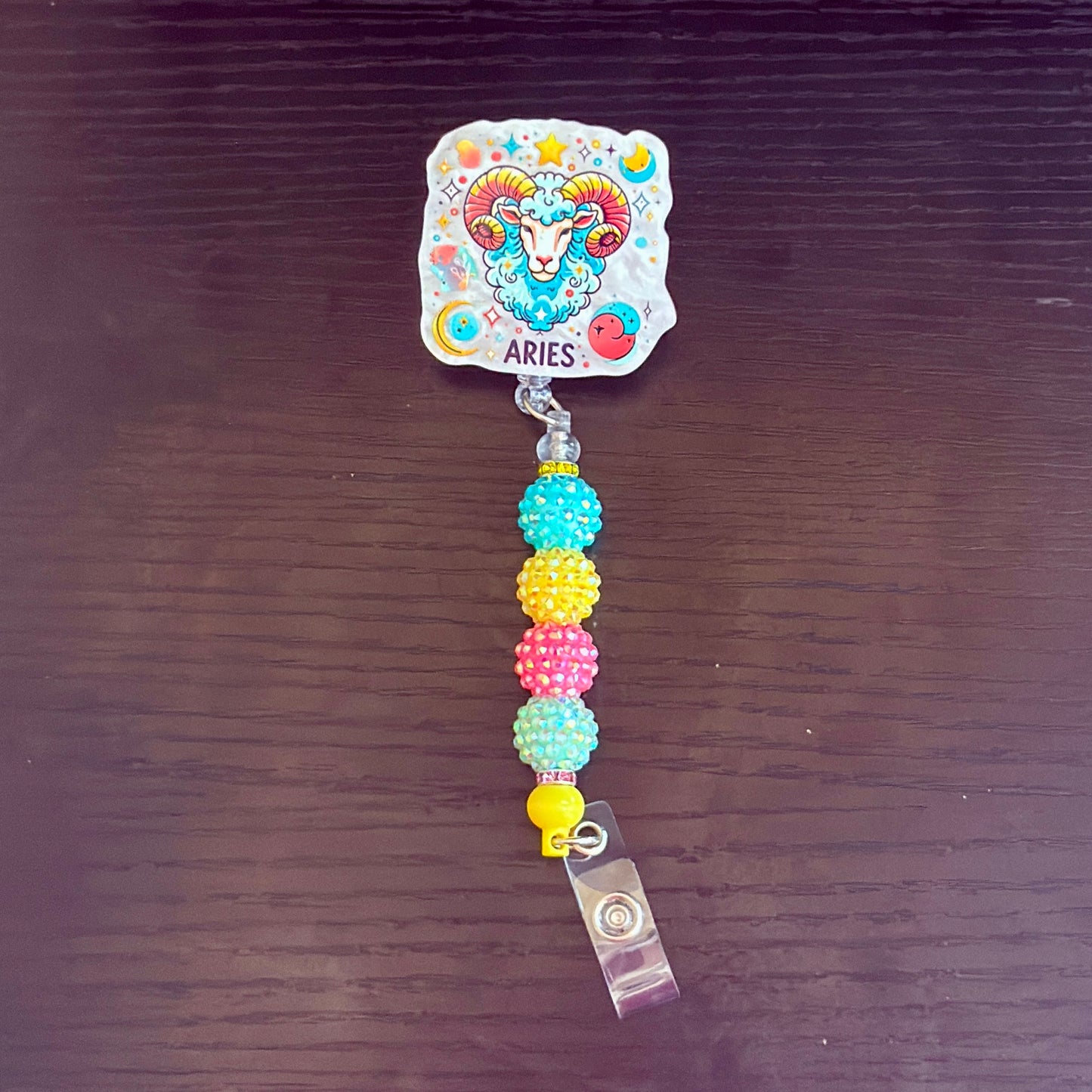 Aries Zodiac Rhinestone Badge Reel – Acrylic Beaded ID Holder | Swivel Alligator Clip | Retractable Nurse, Teacher & Office Badge Reel