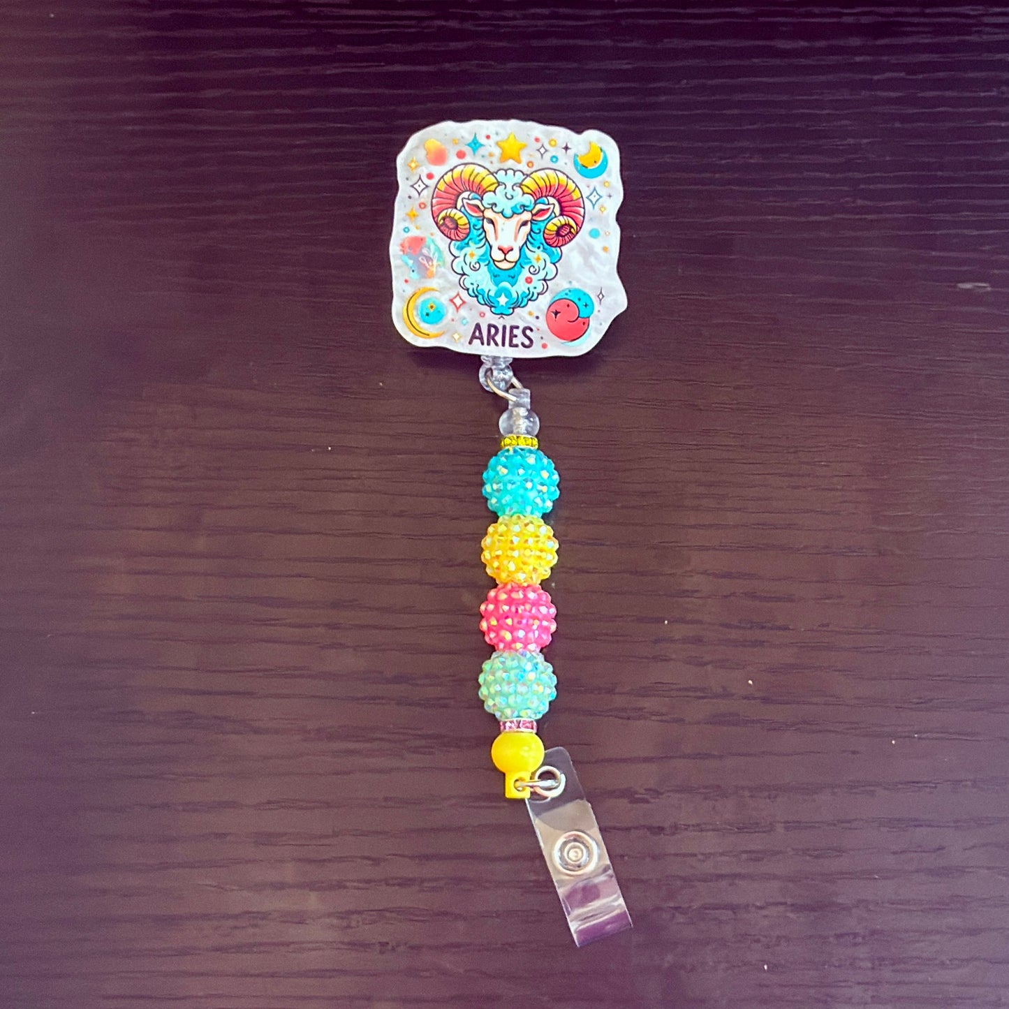 Aries Zodiac Rhinestone Badge Reel – Acrylic Beaded ID Holder | Swivel Alligator Clip | Retractable Nurse, Teacher & Office Badge Reel