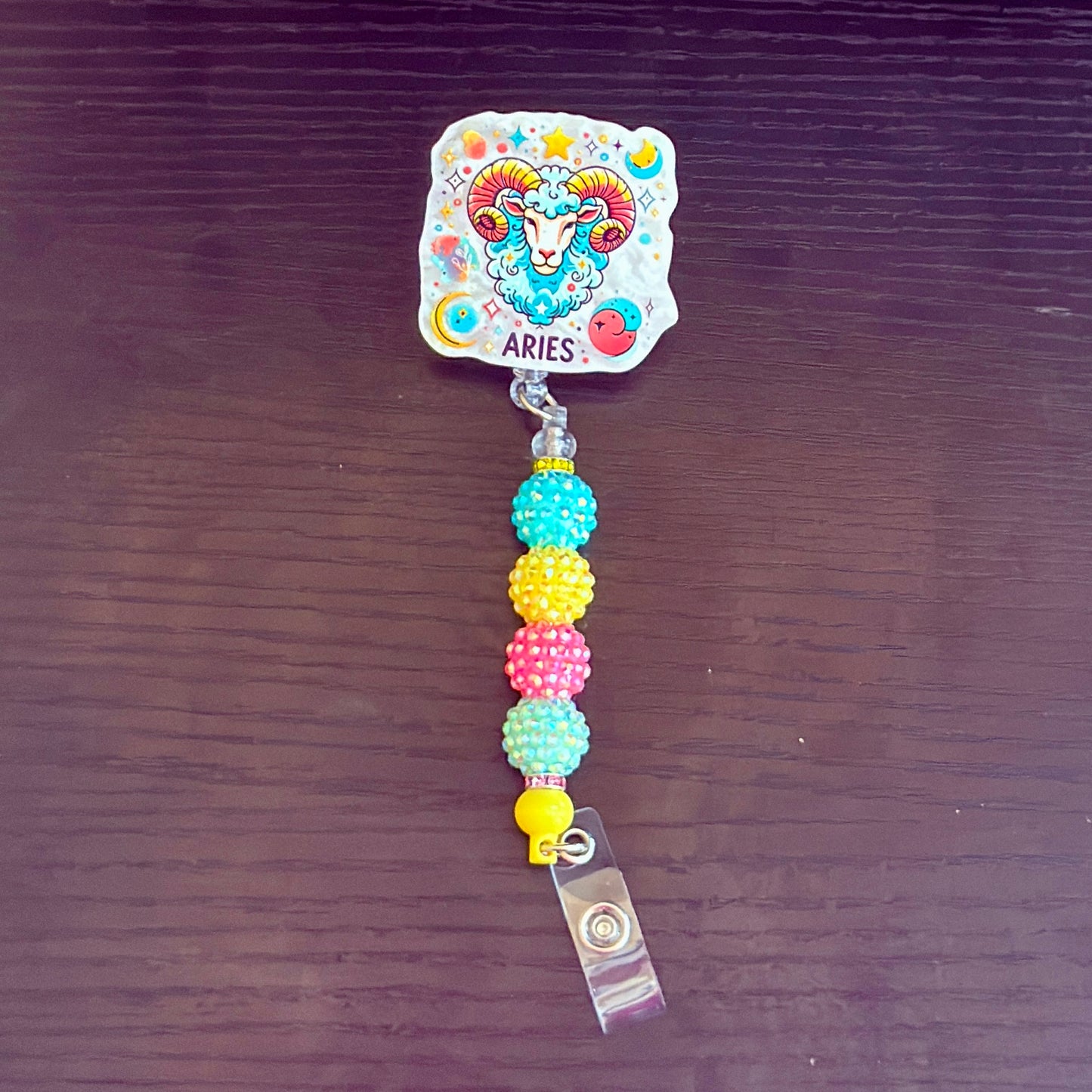 Aries Zodiac Rhinestone Badge Reel – Acrylic Beaded ID Holder | Swivel Alligator Clip | Retractable Nurse, Teacher & Office Badge Reel