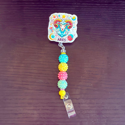 Aries Zodiac Rhinestone Badge Reel – Acrylic Beaded ID Holder | Swivel Alligator Clip | Retractable Nurse, Teacher & Office Badge Reel