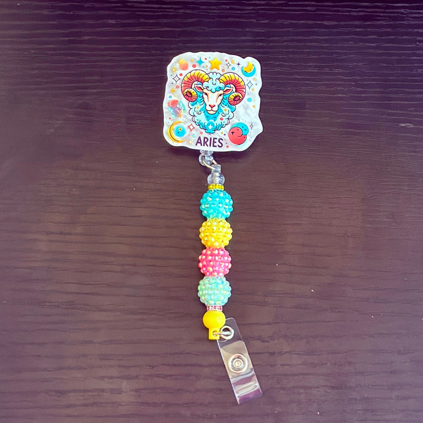 Aries Zodiac Rhinestone Badge Reel – Acrylic Beaded ID Holder | Swivel Alligator Clip | Retractable Nurse, Teacher & Office Badge Reel