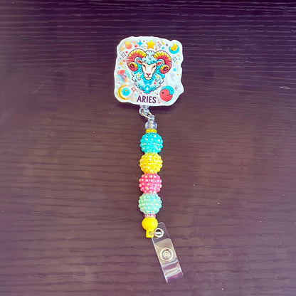 Aries Zodiac Rhinestone Badge Reel – Acrylic Beaded ID Holder | Swivel Alligator Clip | Retractable Nurse, Teacher & Office Badge Reel
