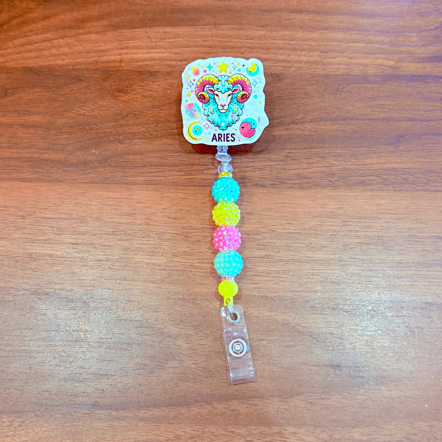 Aries Zodiac Rhinestone Badge Reel – Acrylic Beaded ID Holder | Swivel Alligator Clip | Retractable Nurse, Teacher & Office Badge Reel