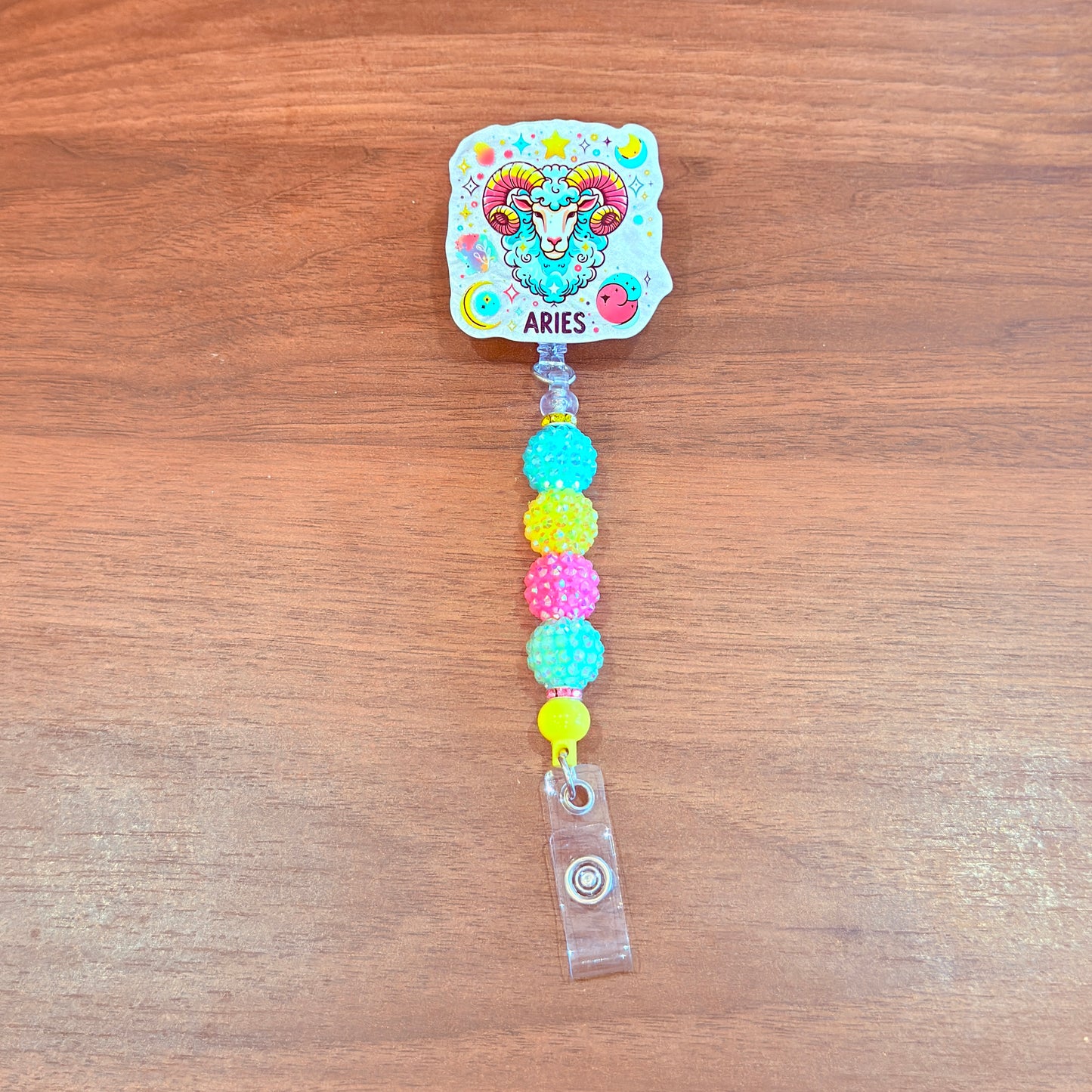 Aries Zodiac Rhinestone Badge Reel – Acrylic Beaded ID Holder | Swivel Alligator Clip | Retractable Nurse, Teacher & Office Badge Reel