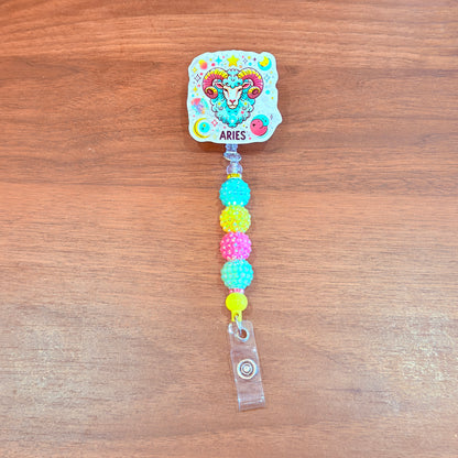 Aries Zodiac Rhinestone Badge Reel – Acrylic Beaded ID Holder | Swivel Alligator Clip | Retractable Nurse, Teacher & Office Badge Reel