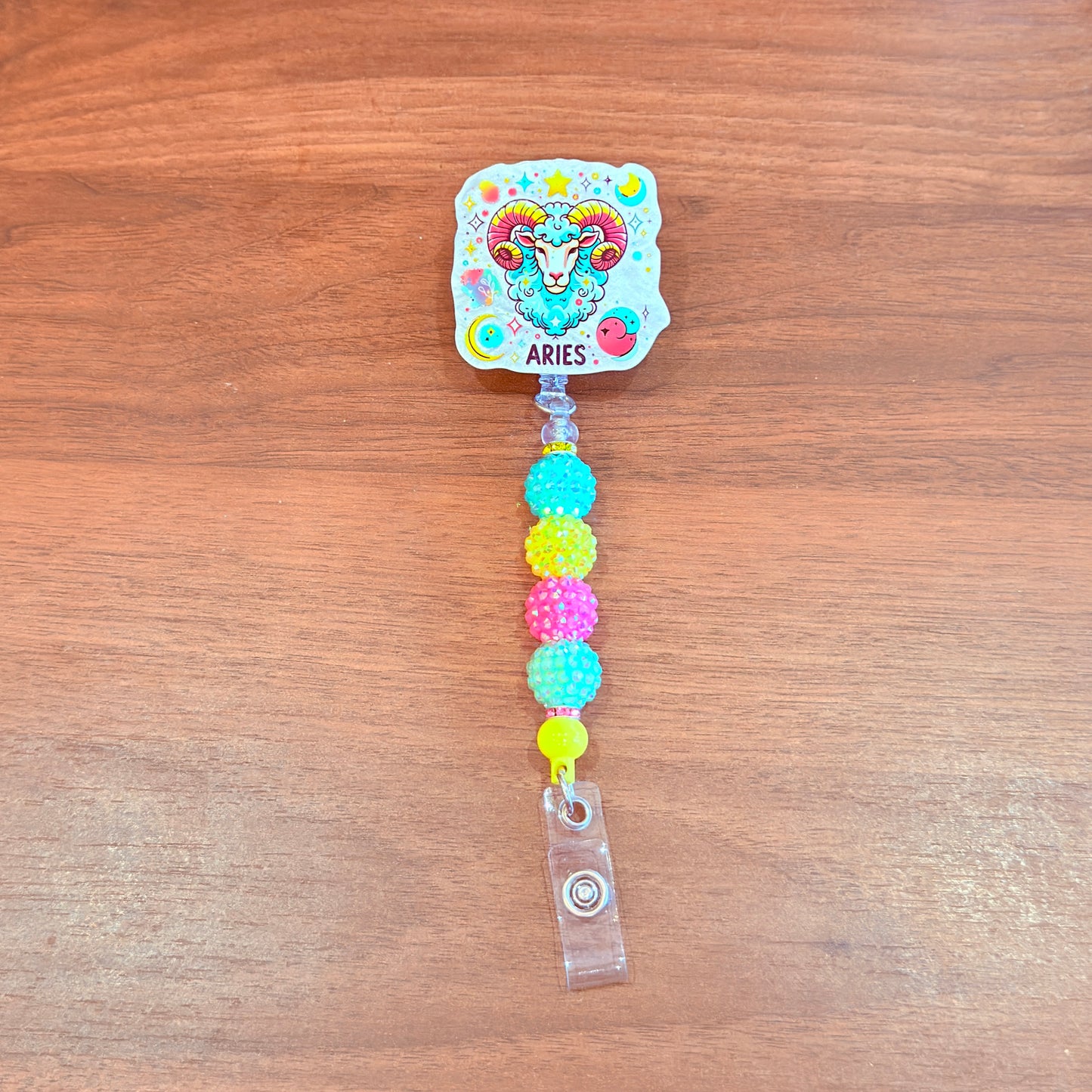 Aries Zodiac Rhinestone Badge Reel – Acrylic Beaded ID Holder | Swivel Alligator Clip | Retractable Nurse, Teacher & Office Badge Reel