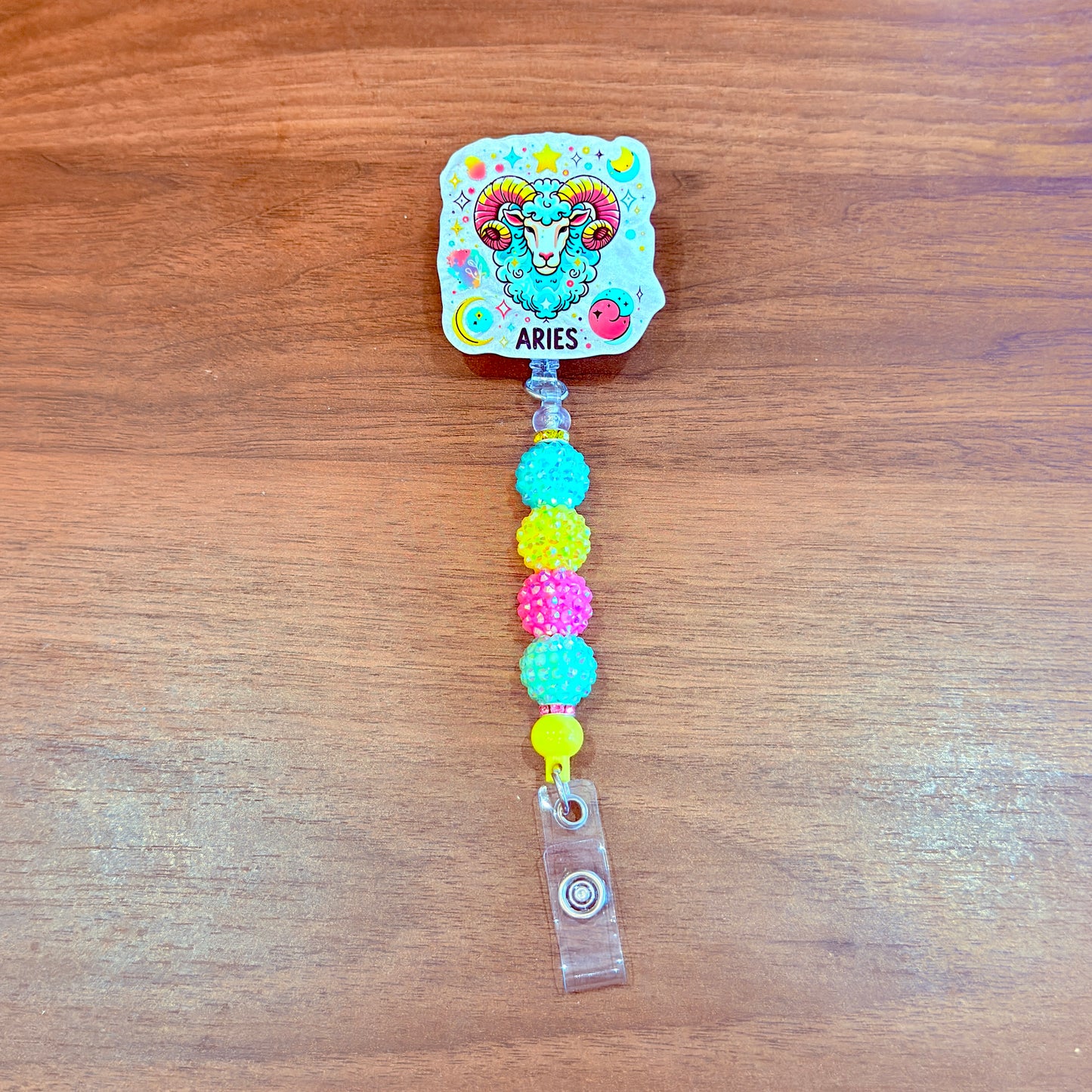 Aries Zodiac Rhinestone Badge Reel – Acrylic Beaded ID Holder | Swivel Alligator Clip | Retractable Nurse, Teacher & Office Badge Reel