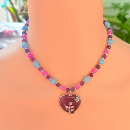 Amethyst Heart Stone Pendant and Jade Gemstone Beaded Necklace