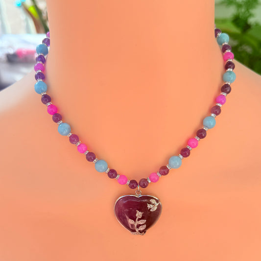 Amethyst Heart Stone Pendant and Jade Gemstone Beaded Necklace