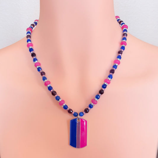 Bisexual Pride LGBTQIA+ Dogtag Gemstone Beaded Necklace - "Blooming Bispectrum"