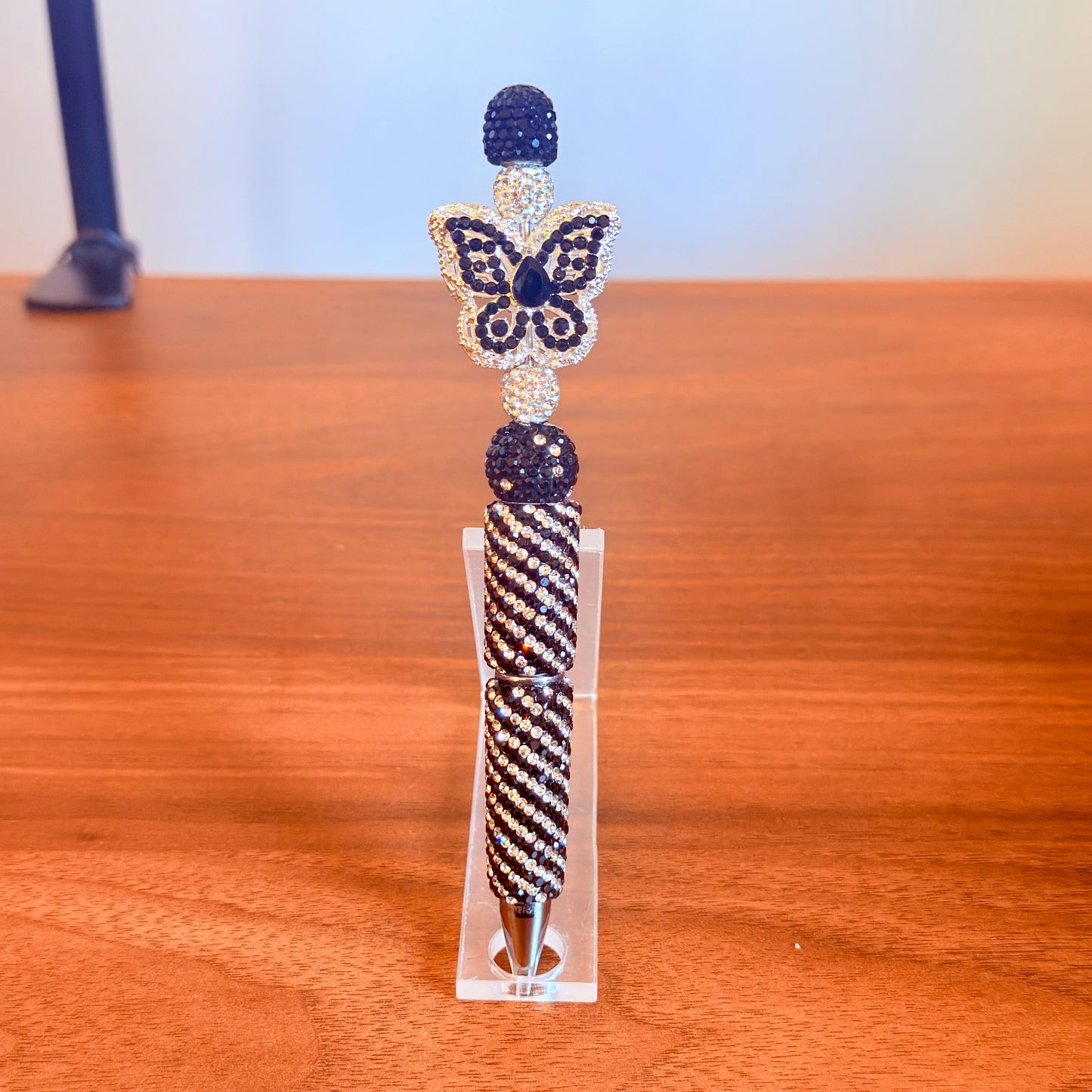 Black Butterfly Sparkle Beaded Pen | Silver & Black Desk Accessory