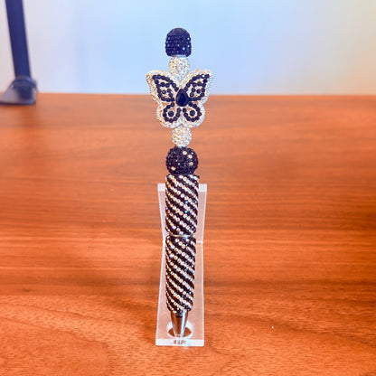 Black Butterfly Sparkle Beaded Pen | Silver & Black Desk Accessory