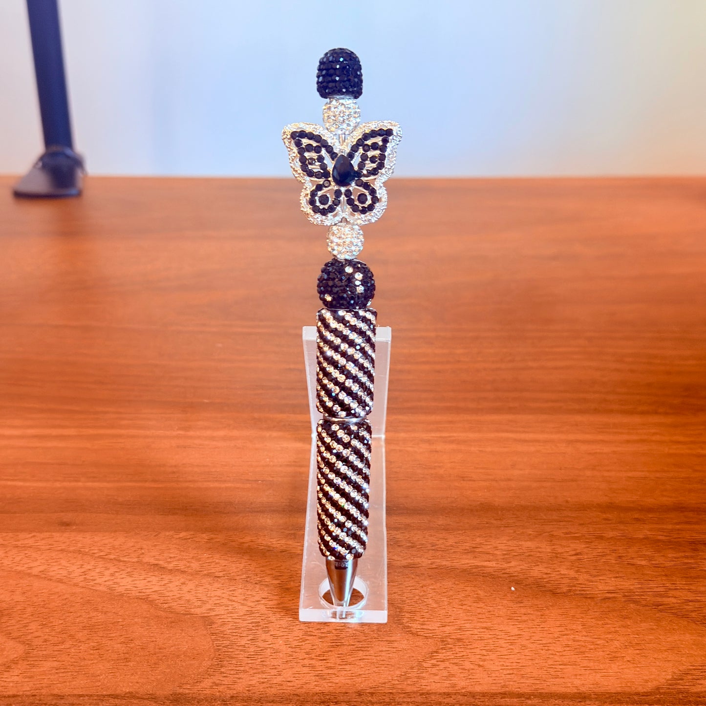 Black Butterfly Sparkle Beaded Pen | Silver & Black Desk Accessory