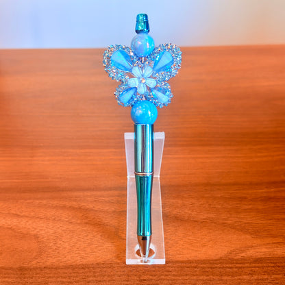 Blue Rhinestone Butterfly Beaded Pen - Sparkly Desk Accessory