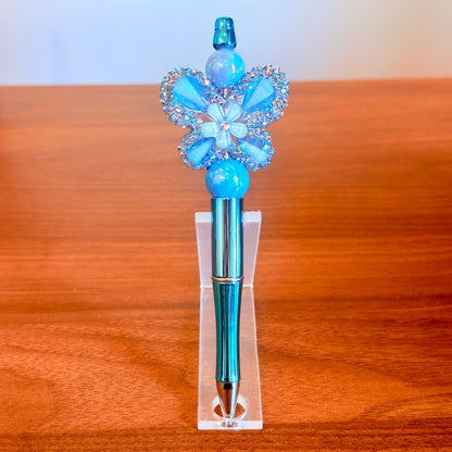 Blue Rhinestone Butterfly Beaded Pen - Sparkly Desk Accessory