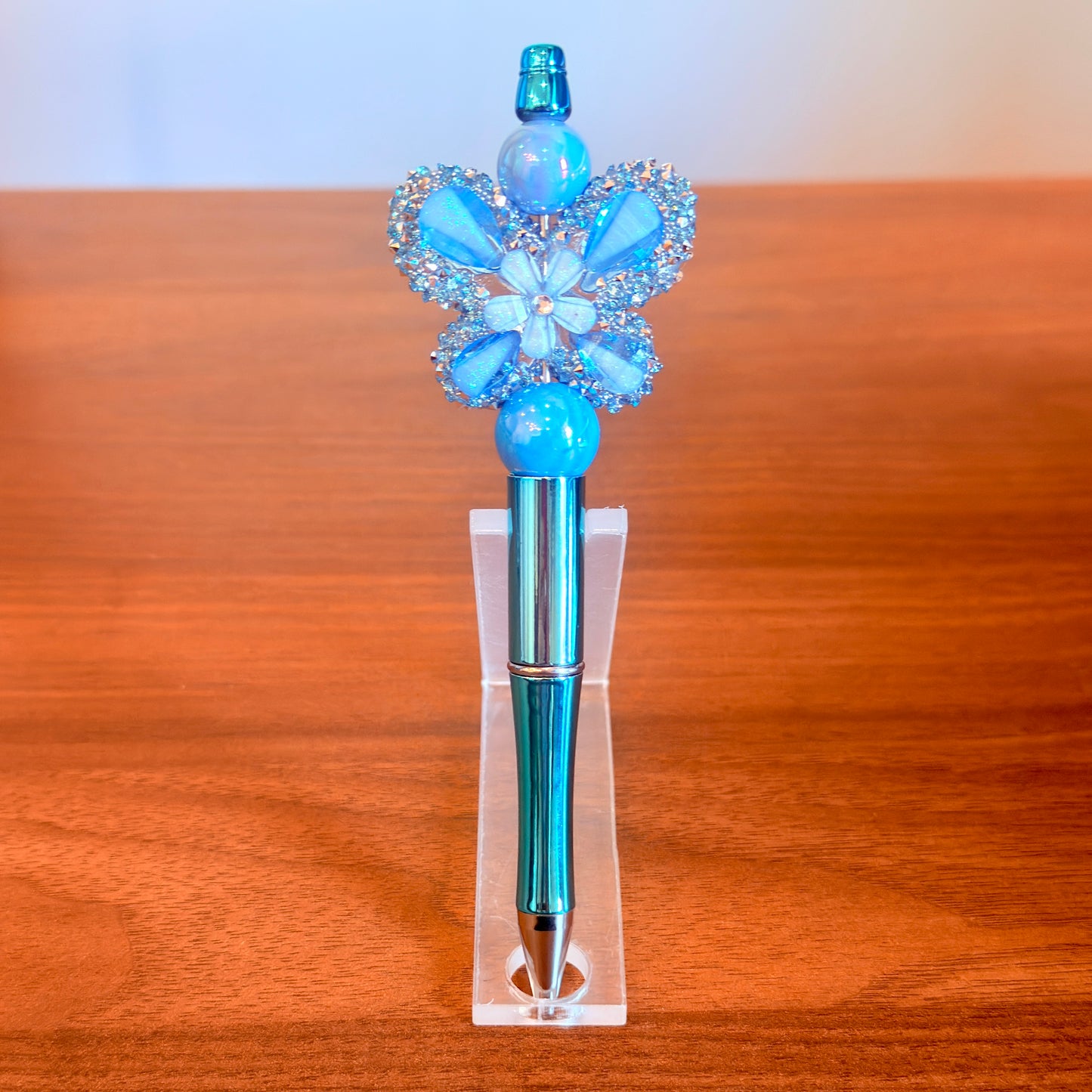 Blue Rhinestone Butterfly Beaded Pen - Sparkly Desk Accessory