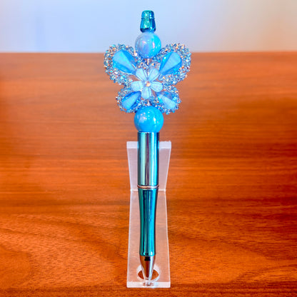 Blue Rhinestone Butterfly Beaded Pen - Sparkly Desk Accessory