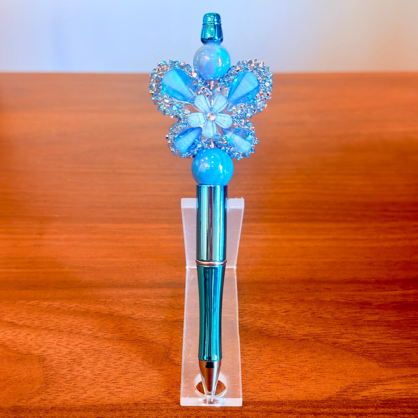 Blue Rhinestone Butterfly Beaded Pen - Sparkly Desk Accessory