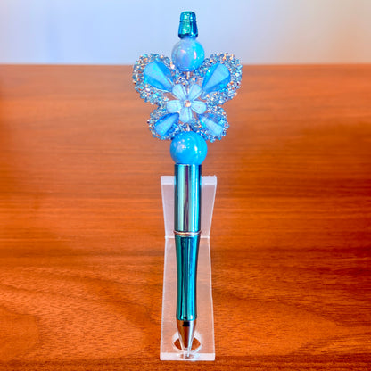 Blue Rhinestone Butterfly Beaded Pen - Sparkly Desk Accessory