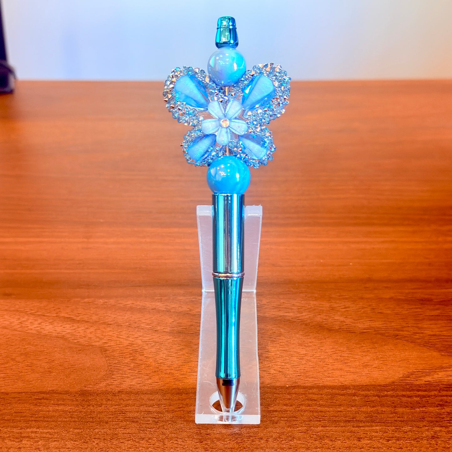 Blue Rhinestone Butterfly Beaded Pen - Sparkly Desk Accessory