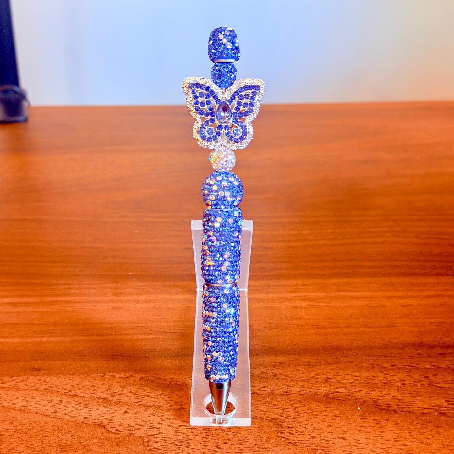 Handmade Butterfly Rhinestone Pen | Blue Silver Desk Accessory, Gothic Glamour