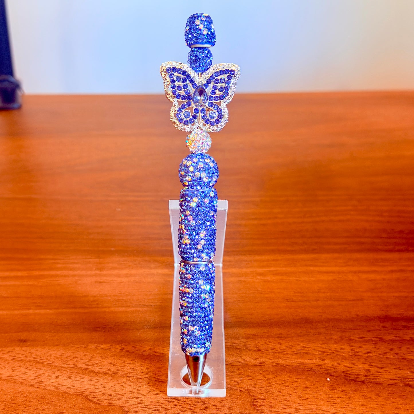 Handmade Butterfly Rhinestone Pen | Blue Silver Desk Accessory, Gothic Glamour