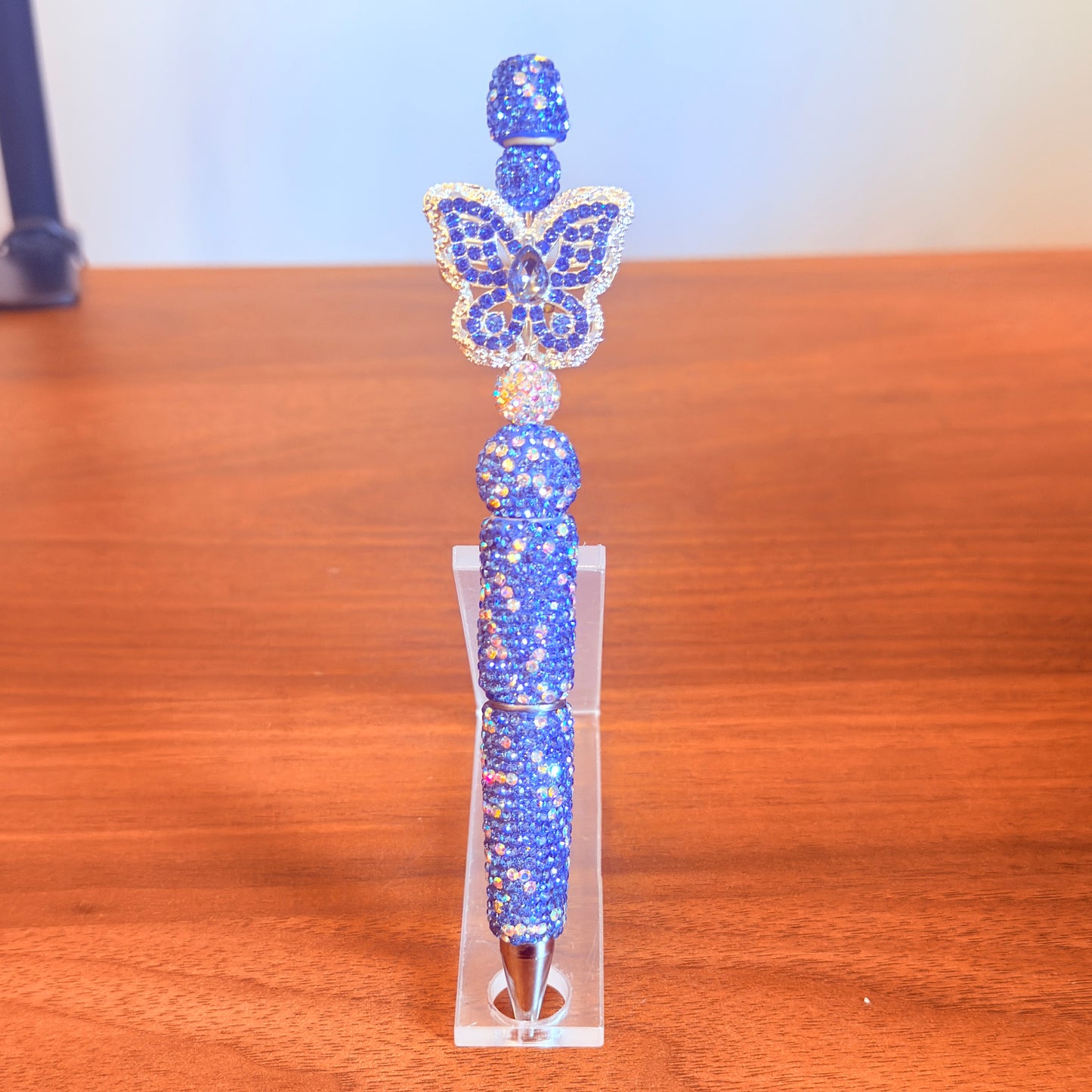 Handmade Butterfly Rhinestone Pen | Blue Silver Desk Accessory, Gothic Glamour