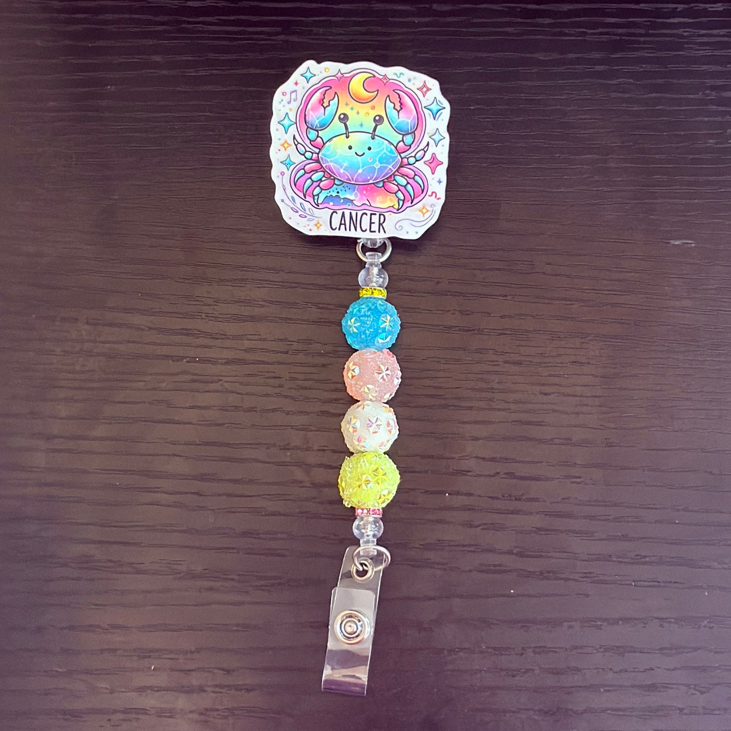 Cancer Zodiac Rhinestone Badge Reel – Acrylic Beaded ID Holder | Swivel Alligator Clip | Retractable Nurse, Teacher & Office Badge Reel