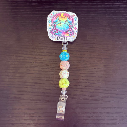 Cancer Zodiac Rhinestone Badge Reel – Acrylic Beaded ID Holder | Swivel Alligator Clip | Retractable Nurse, Teacher & Office Badge Reel