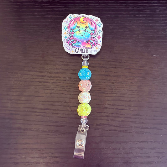 Cancer Zodiac Rhinestone Badge Reel – Acrylic Beaded ID Holder | Swivel Alligator Clip | Retractable Nurse, Teacher & Office Badge Reel